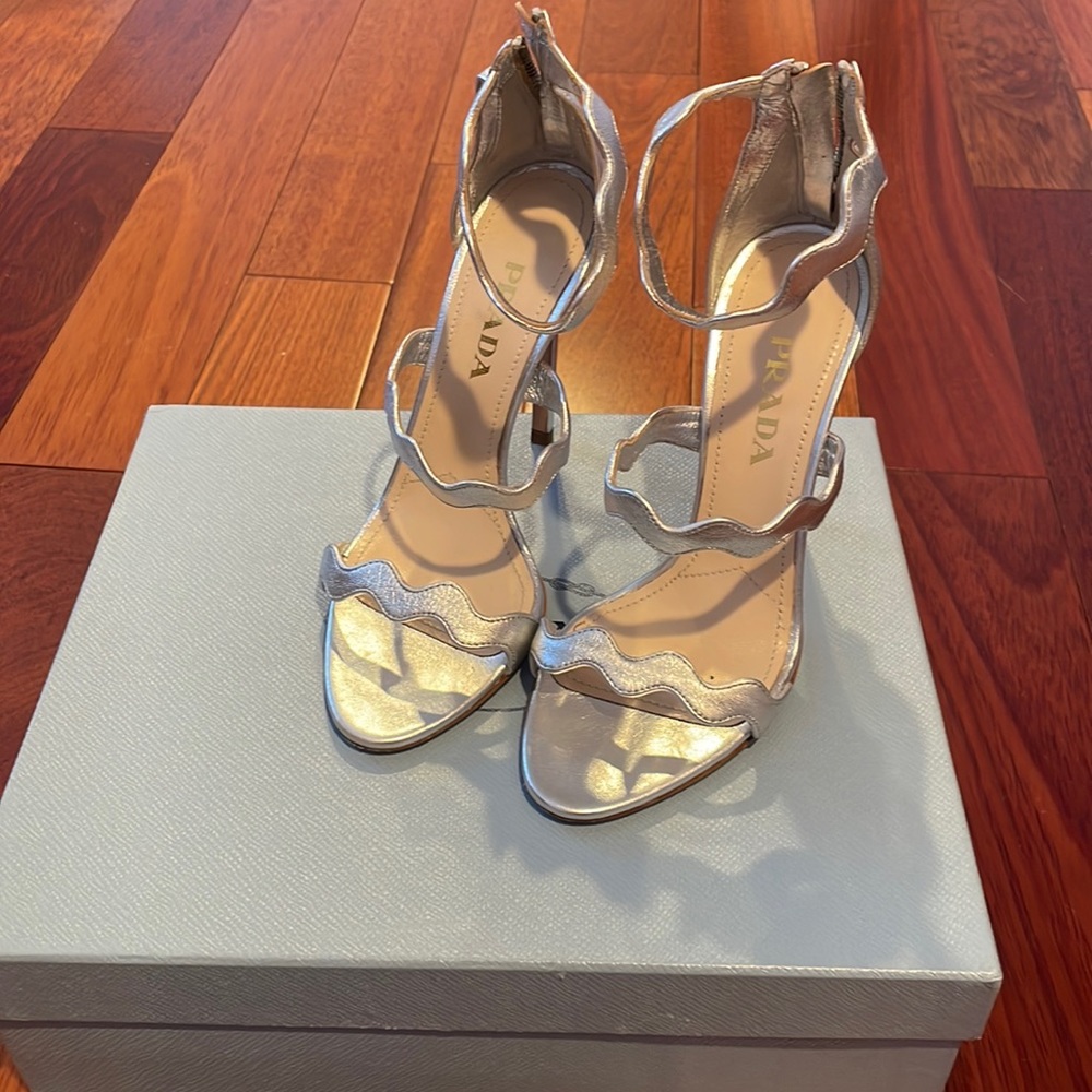 Prada Silver Metallic Wavy Strap High Heel Sandals
